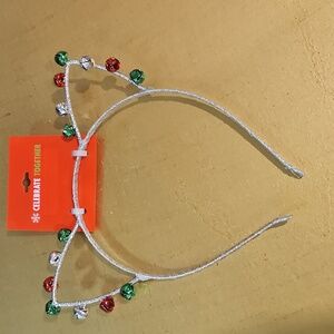 Silver Cat Ear Headband with Red and Green Bells New